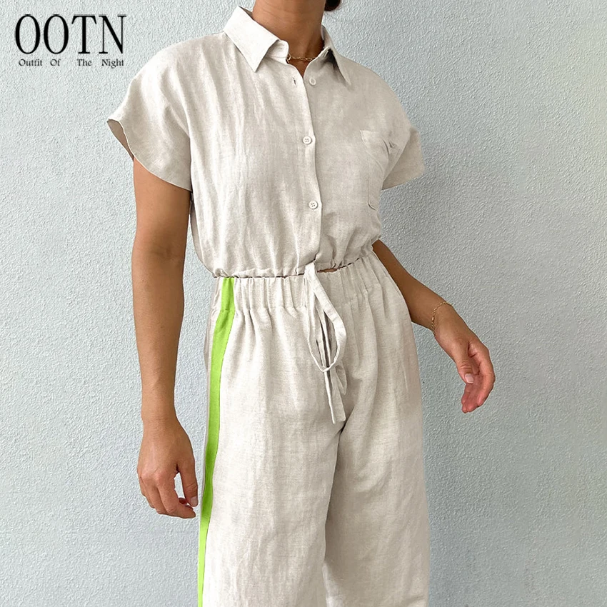 

OOTN Women Summer 2023 Patchwork Baggy Pants 2 Pieces Set Two Pieces Short Sleeve Shirt Suits Soft Cotton Linen Pants Sets