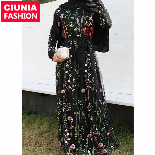 

6241# Muslim Elegant Luxury Women Long Sleeve Maxi Floral Dress Arabic Ethnic Girls Clothing Dubai Turkey Abaya, Black/beige/white /customized