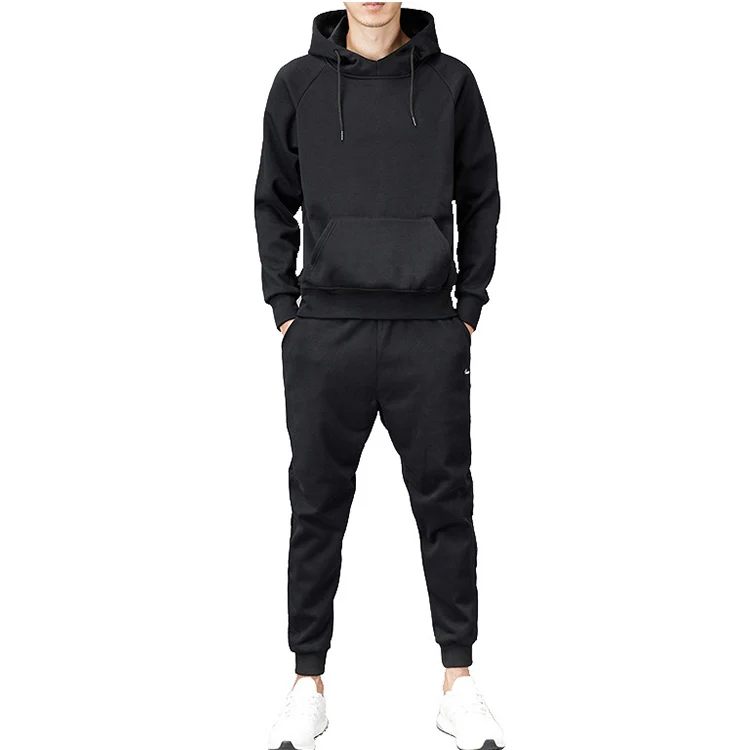 

Wholesale Winter Blank 2 Piece Black Hoodie Sports Sweatsuit Tracksuit