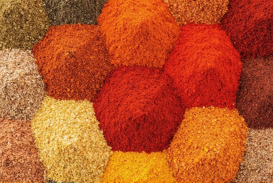 Colorful spice rack featuring Mexican chili powders