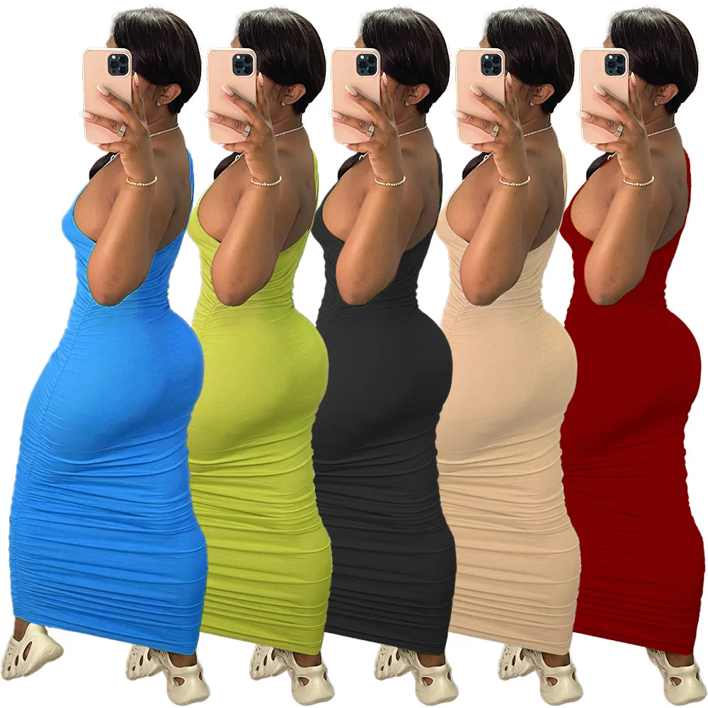 

Sleeveless Maxi Long Birthday Dress Summer Sexy Solid Color Women Long Modest Sun Dress Maxi Sexy Ruched Dresses Women
