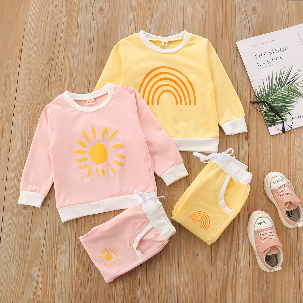 

Autumn Spring Infant Toddler Clothing Sun Rainbow Print Long Sleeves T-Shirt Tied Waist Pants Outfits Kids Girls Tracksuit Sets, Photo showed and customized color