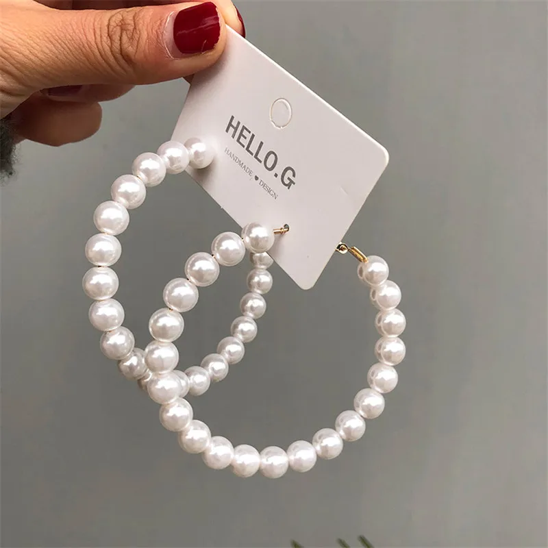

JINGLIANG Fashion Big Small Simulated Pearl Hoop Earrings For Women Exaggerate Circle Earrings Personality Nightclub Jewelry, Gold