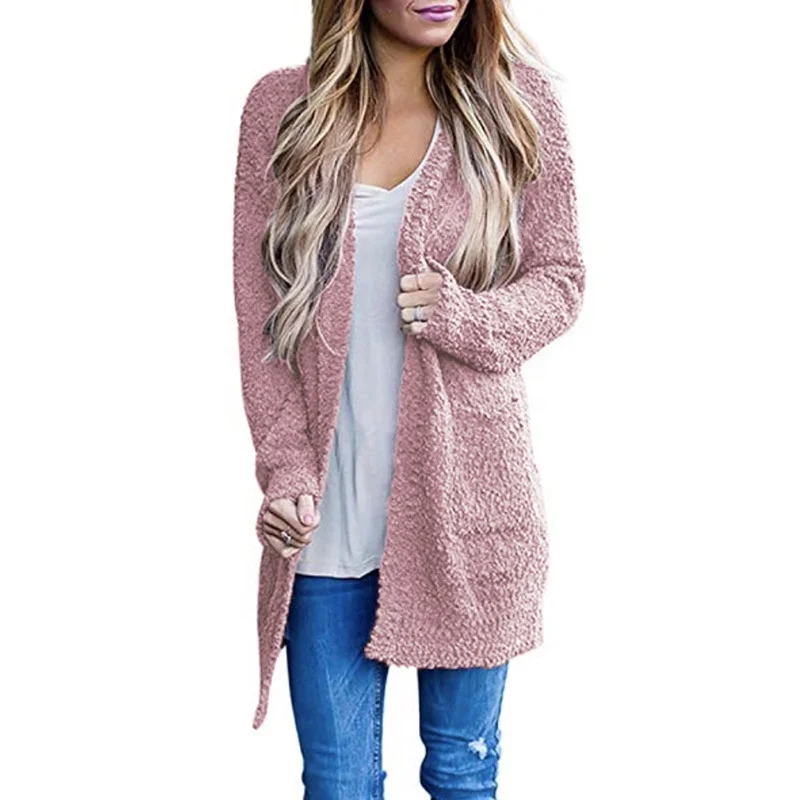 

Fashion Casual Fall Winter Coat Pockets Ladies Sweater Solid Granular Fleece Cardigan, Picture color