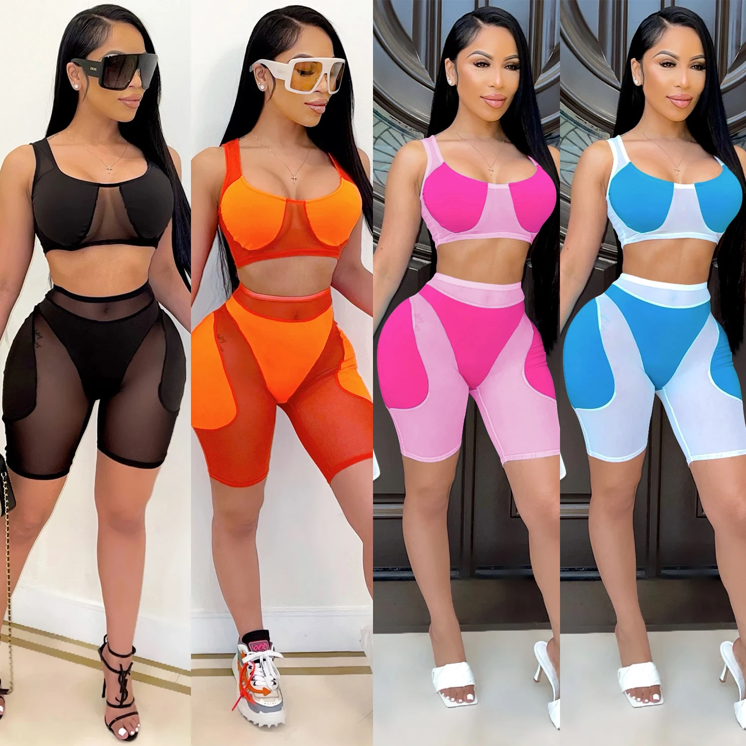 

2021 R07056 - Shorts And Crop Top Fashion Mesh Patchwork Sleeveless Mesh Two Piece Outfits