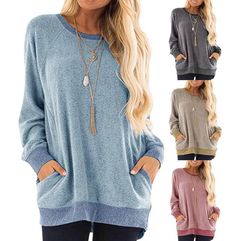 

Womens Casual Color Block Long Sleeve Sweatshirts Round Neck Pocket Shirts Pullover Tops