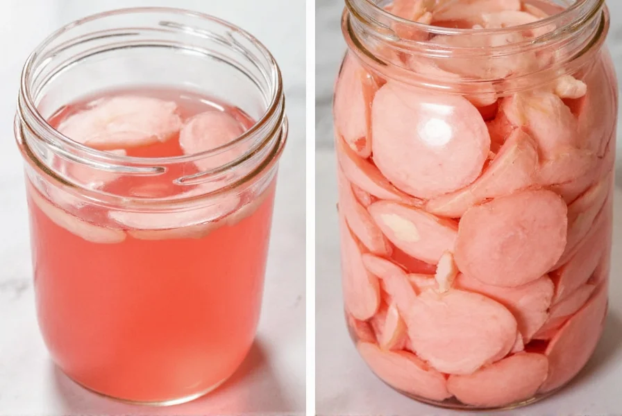 Thinly sliced ginger in clear glass jar with pinkish pickling liquid, showing proper packing technique for homemade pickled ginger