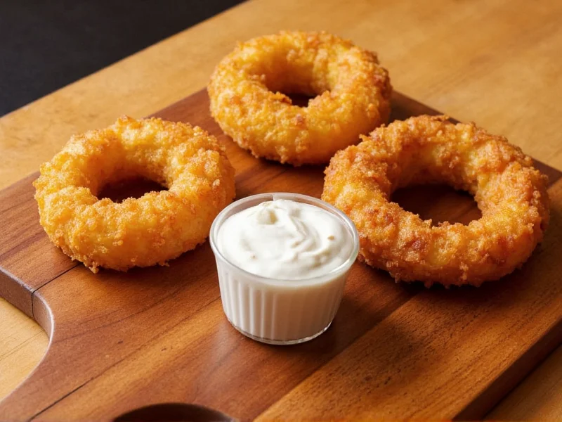Three onion ring variations on wooden board with dipping sauces