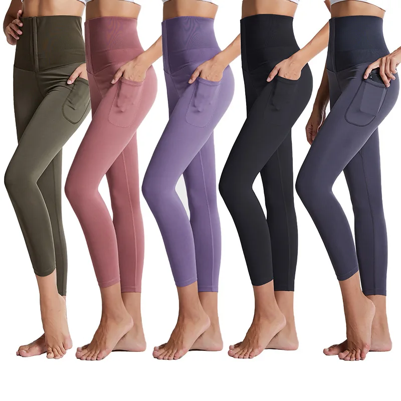 

New Fitness Legging Lift Butt Nude Friendly Skin Yoga Pants Plus High Waist Control Tummy Yoga Pant With One Side Pocket