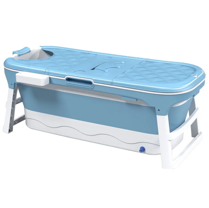 

Extra Large Foldable Bath Tub Bathtub for Toddler Children Twins Adult with Cover Handle Drain Hose Blue, As pic