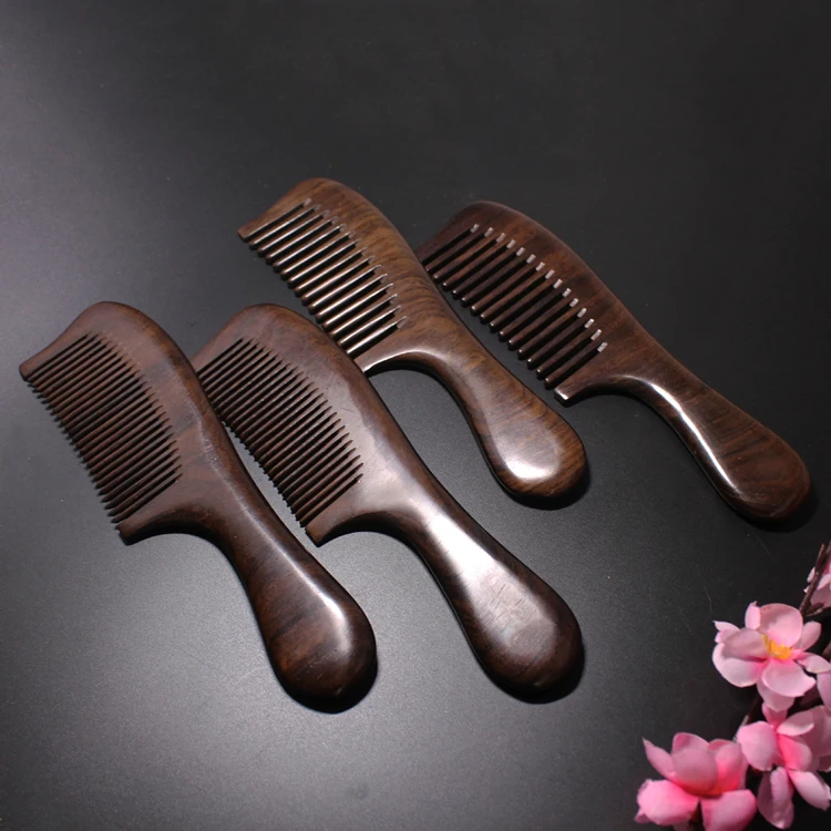 

Custom Logo Natural Eco Friendly Bread Hair Black Sandalwood Comb Wooden with Handle, Brown to black