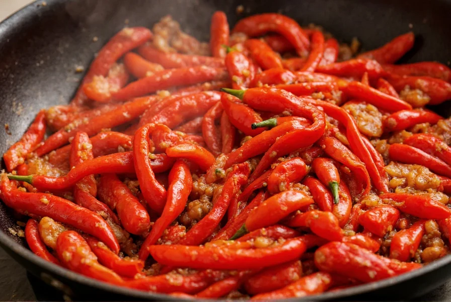Close-up of authentic Chinese dish featuring vibrant red peppers in traditional wok cooking