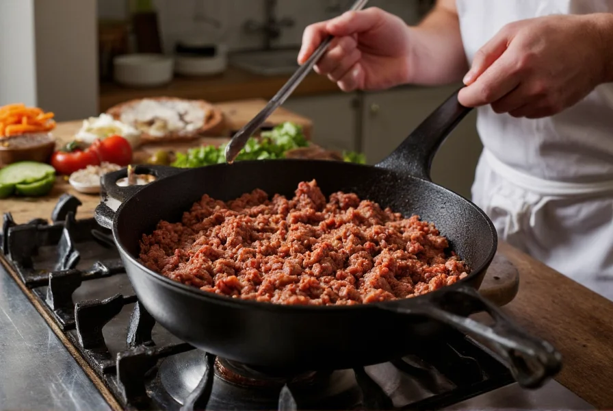 Professional chef browning ground beef in cast iron skillet for crockpot chili recipe