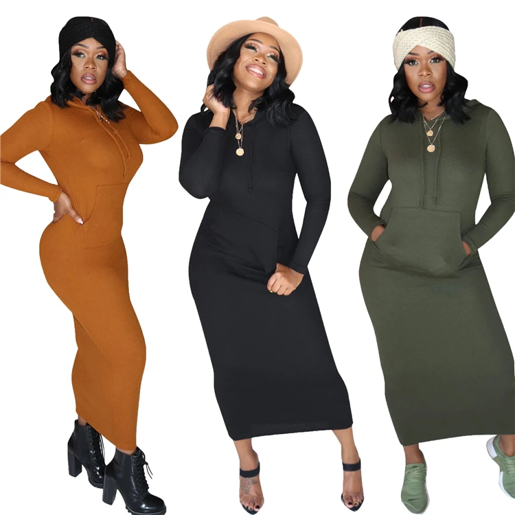 

LO-208872 Women sexy long dress solid color long sleeve female hoodies dress bodycon wholesale spring dress