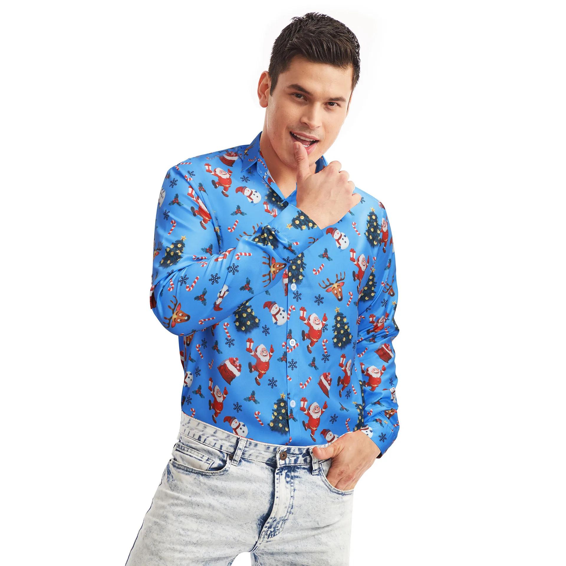 

European and American Men's Christmas Printed Long Sleeve Casual Fashion Shirt