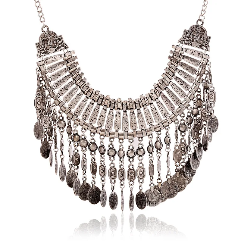 

Factory Wholesale Ethnic Style Vintage Antique Silver Alloy Coin Tassel Statement Necklace For Women, Picture shows