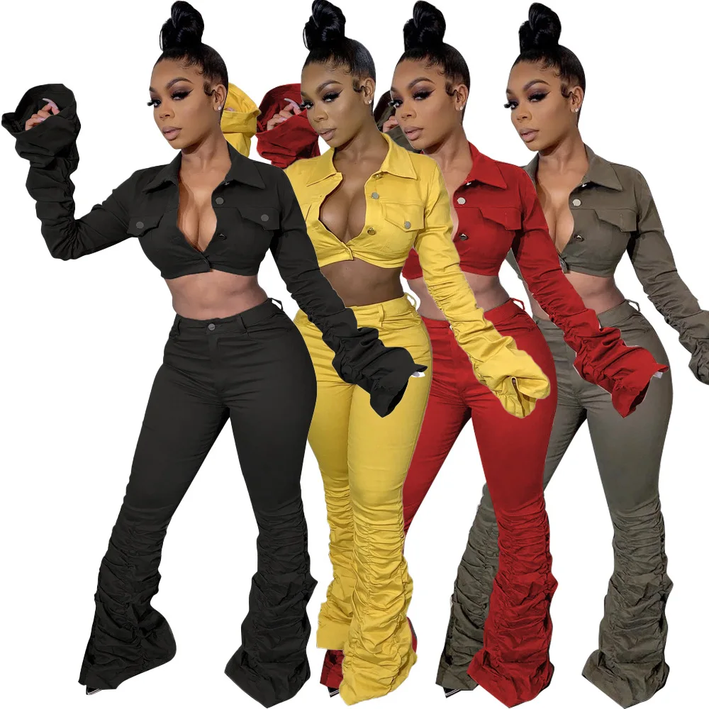 

2021 women Fashion sexy suit tight sexy crop outfits lady two pieces set long pants lady top stacked pant set top coat club