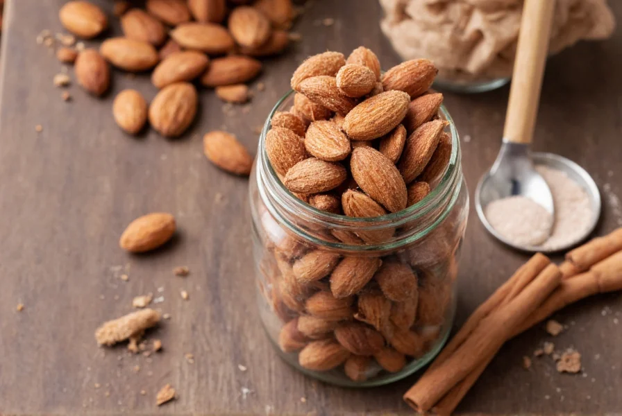 Cinnamon sugar almonds served in mason jar with wooden spoon and cinnamon sticks