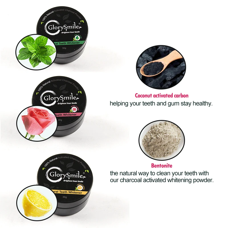 

CE Approved 30g different flavor coconut charcoal teeth whitening powder with private