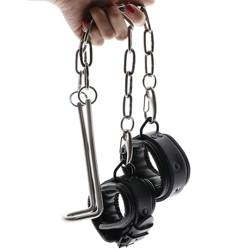 Stainless Steel Male Humbler Ball Stretcher With Leather Ankle Cuffs Pulling Weight Torture 