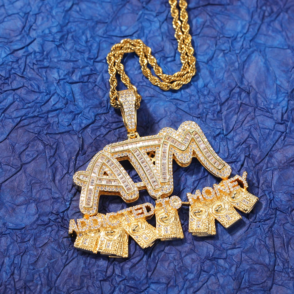 

Iced Out Letters ATM Addicted To Money Necklace & Pendant Bling AAA Zircon Gold Silver Color Men's Hip Hop Jewelry Gifts, Silver/gold