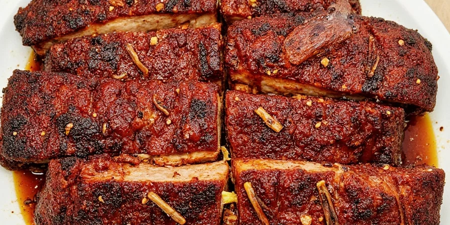 Ribs slowly roasting in an oven with spices