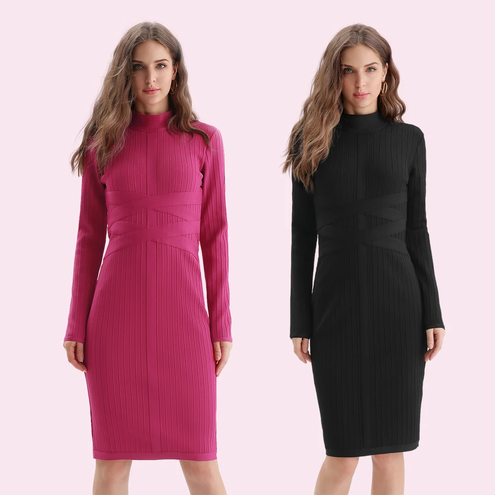 

2021 New Arrivals Women High Neck Fitted Ribbed Fabric with Cross Straps at Waist Bodycon Bandage Midi Dress, Fuchsia