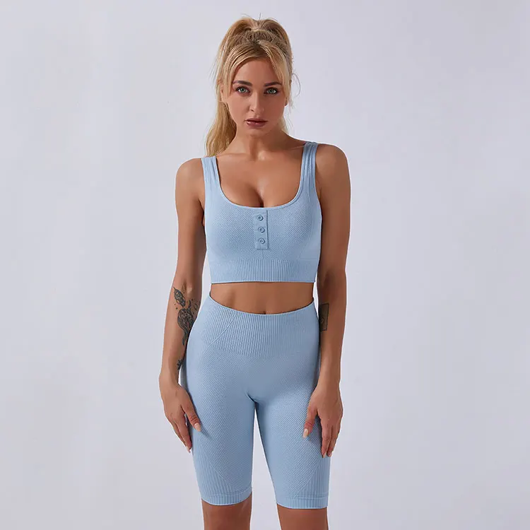 

Summer 3 Piece Gym Clothing Seamless Yoga Set Scrunch Butt Seamless Yoga Shorts and legging Sets