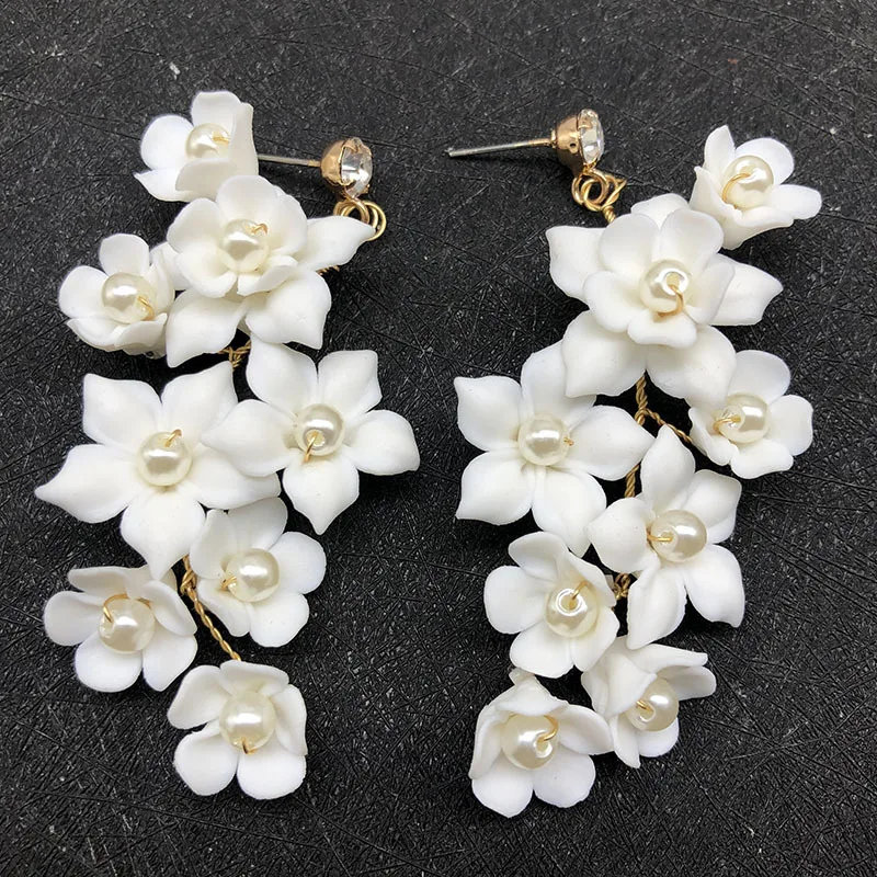 

ROMANTIC Wedding jewelry gold plated pearl white clay flower bridal clip on earrings