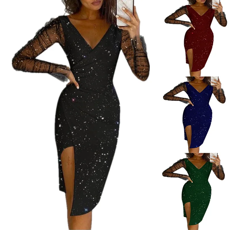 

2022 Wholesale Sexy Long Sleeve Pleated Dress Design Waist V Neck Elegant Party Dress