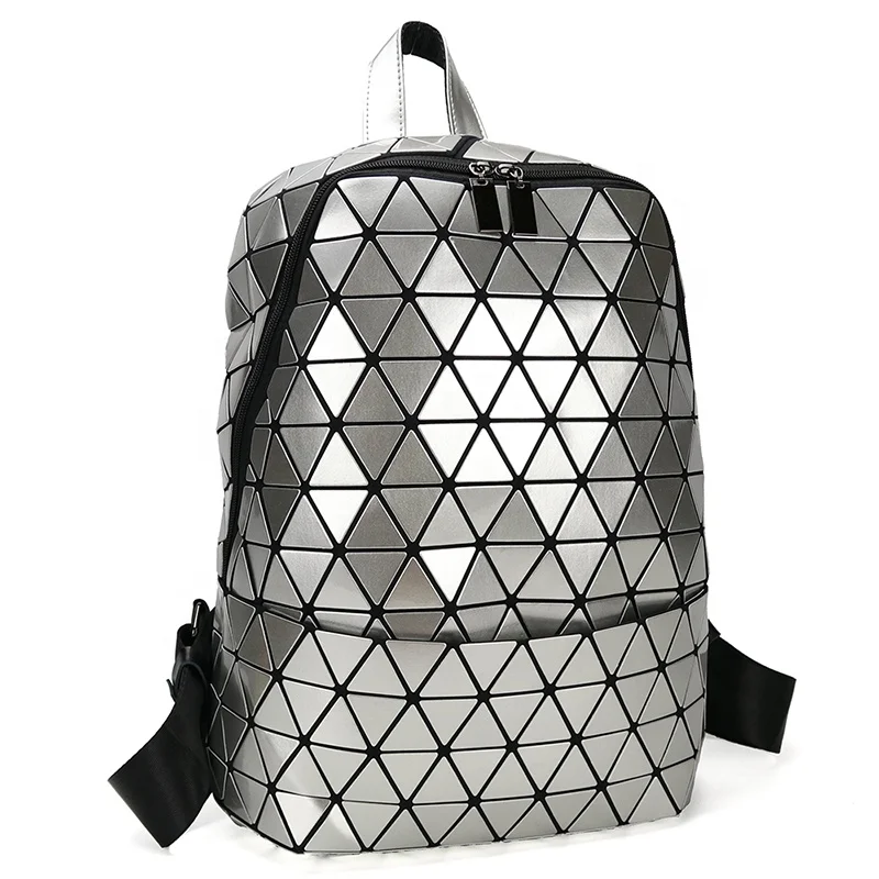 

Unisex Large Travel Pouch Plain PU school Geometric Backpack, Black,silver