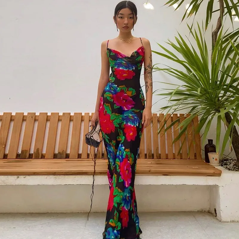 

2020 new arrivals summer fashion women deep V neck floral printed design women summer beach dresses
