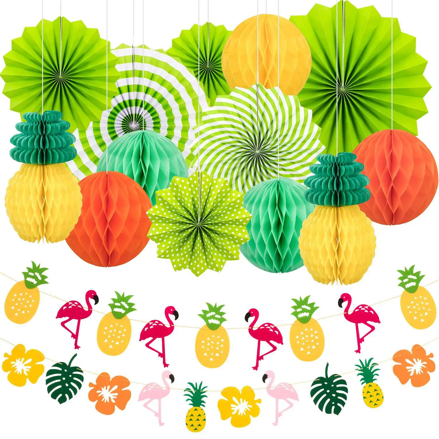 

Hawaii Flamingo Party Paper Fan Honeycomb Ball Banner Set Flamingo Pineapple Honeycomb Ball Flamingo Party Decorations