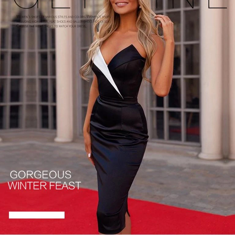 

Sexy new sleeveless white and black v-neck evening dress bodycon party dress for night club