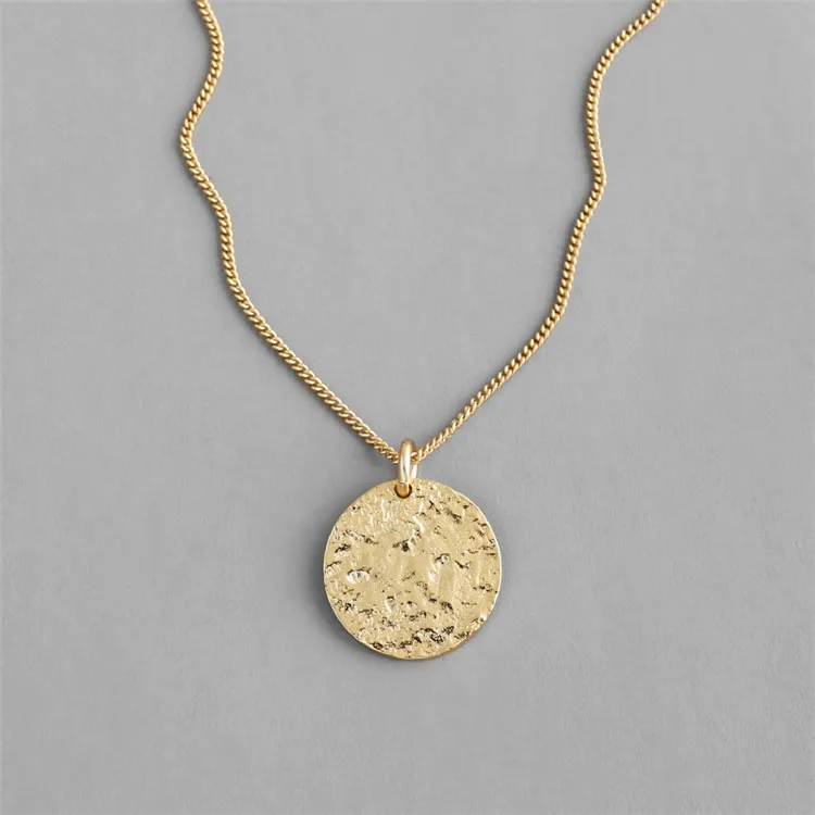 

Wholesale Hammered Texture Scrub Coin Necklaces 18K Gold plated 925 Sterling Silver Round Disc Pendant Necklace