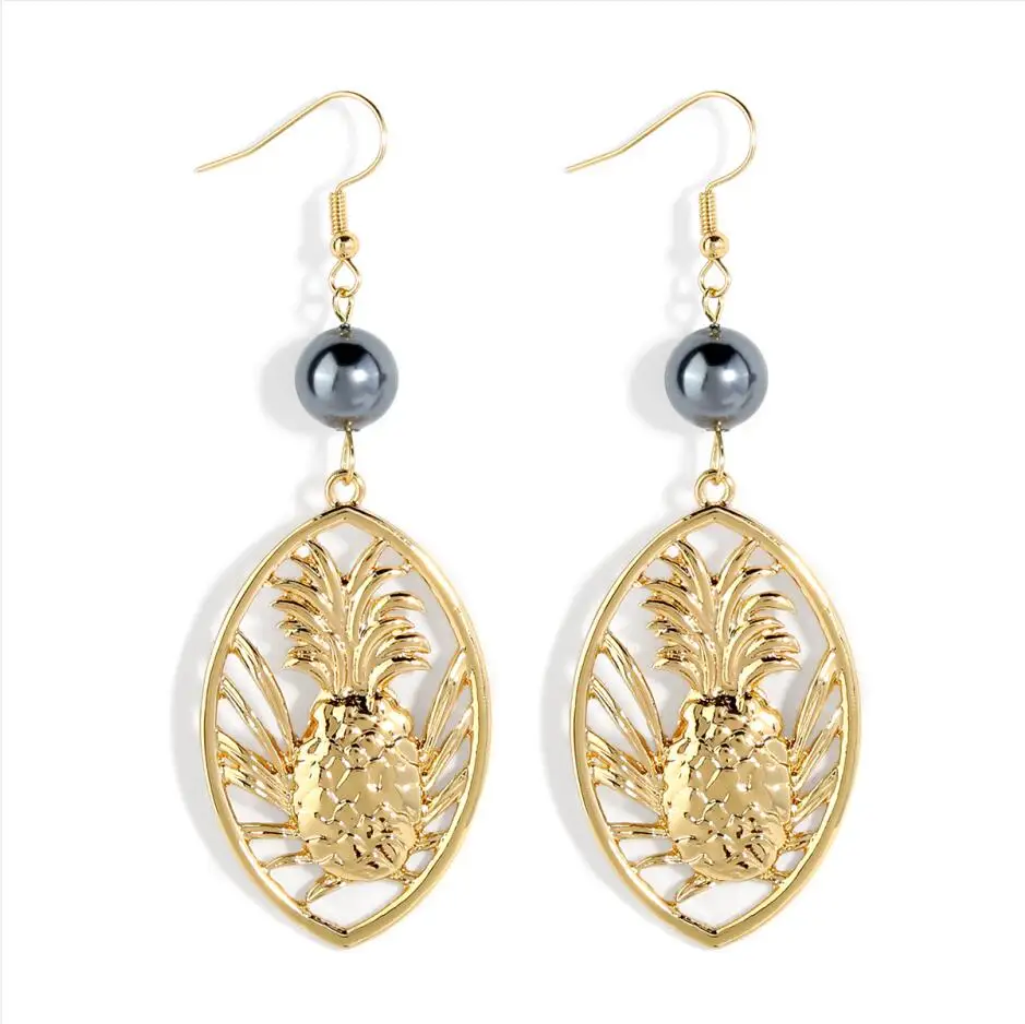

2023 Hot sale fruit jewelry 18k gold plated mental earrings Hawaiian black pearl pineapple pearl earrings jewelry women