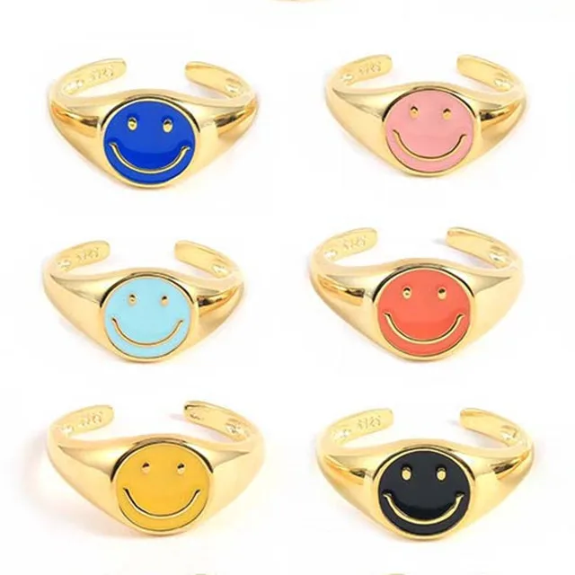 

Fashion Gold Plated Enamel Open Smile Ring Women Luxury Enamel S925 Sterling Silver Smiley Face Ring