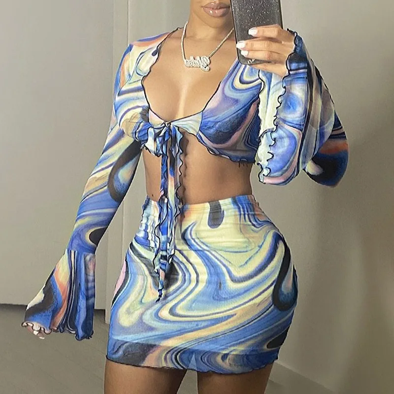 

F6686 - fashion sexy mesh flare long sleeve printed ruffle crop top and skirt women two piece set outfits