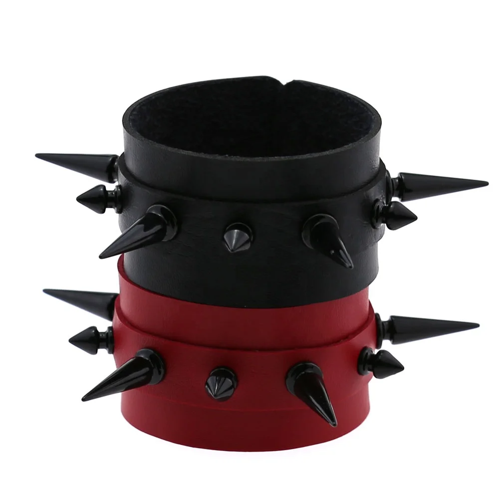 Punk Gothic Black Spikes Nail Rivet Wide Leather Unisex Bangle Bracelet