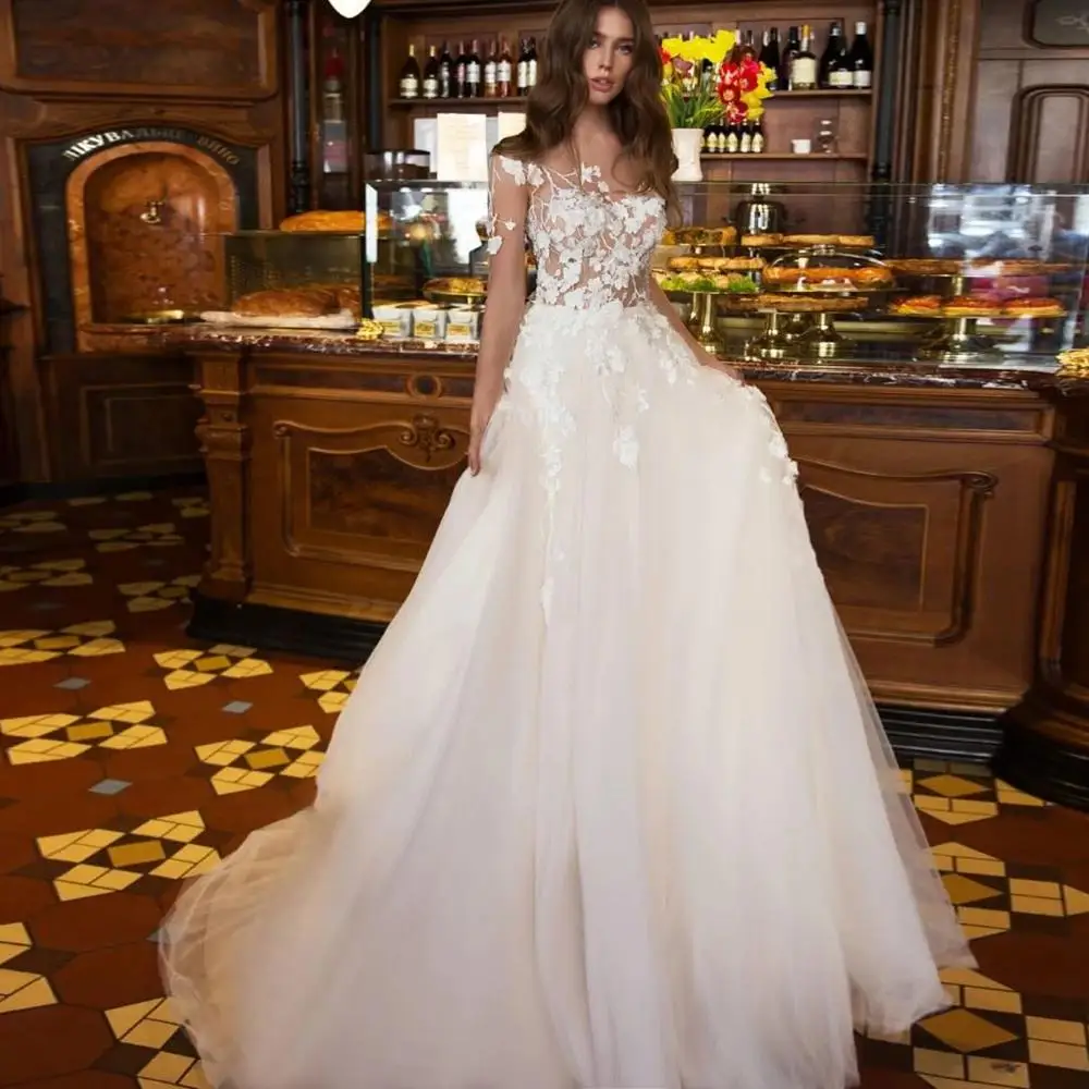 Lace a Line Wedding Dresses 3D Flowers Applique Bohemian Country Gothic  Bridal Gowns Illusion Sleeve Buttons Back a Line Vestido