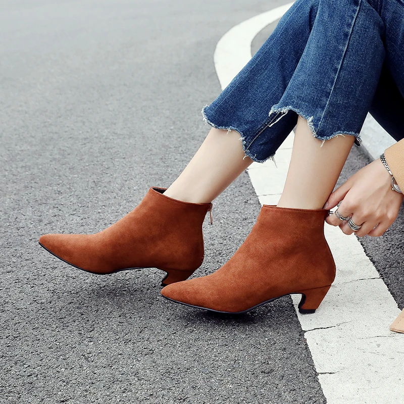 

Large Size New Pointed Head Kitten Low Heel Ladies Autumn Women Brown Ankle Boots, Brown/black/green/grey/apricot