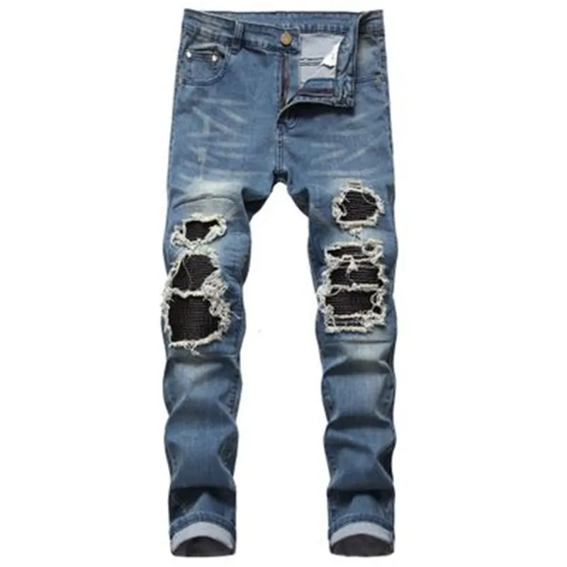 

Street Retro Fashion casual Straight pants Summer men's Stitching European Hole pants Classic New Jeans, Customized color