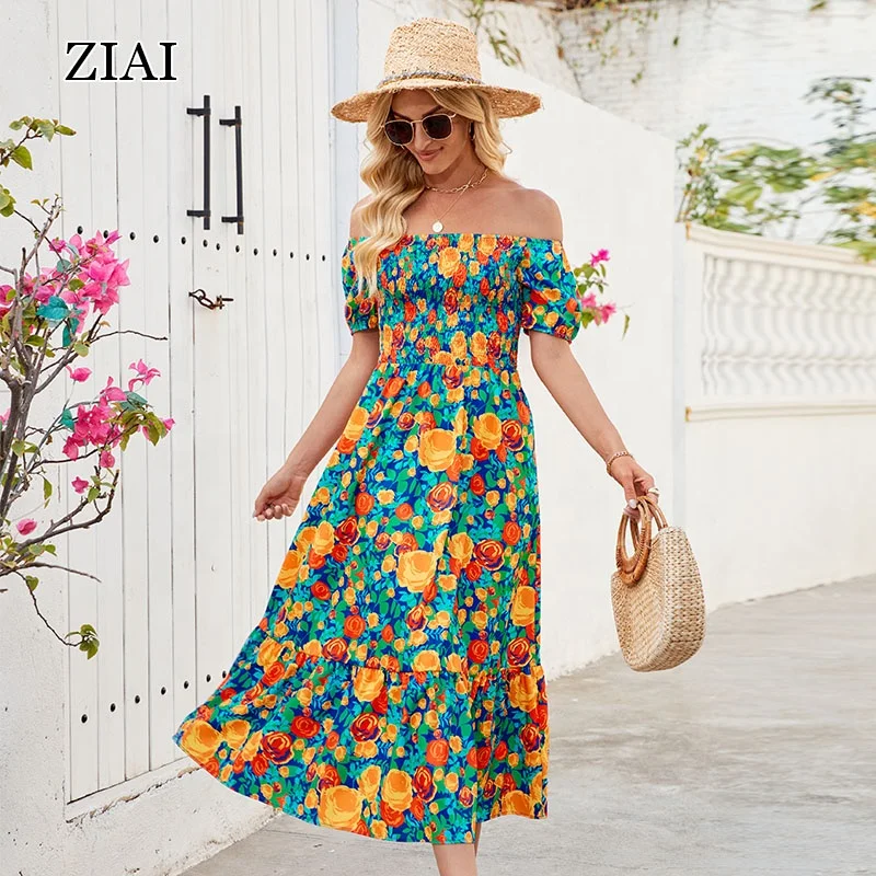 Bohemian Style Convertible Two-Way Off-The-Shoulder Waist-Cinching Floral Print Short-Sleeve Long Dress for Women