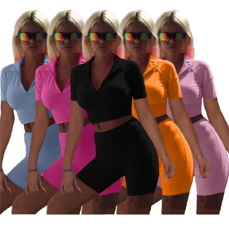 

2021 New Arrivals Solid Color Crop With Short Women Summer 2 Two Pieces Sets