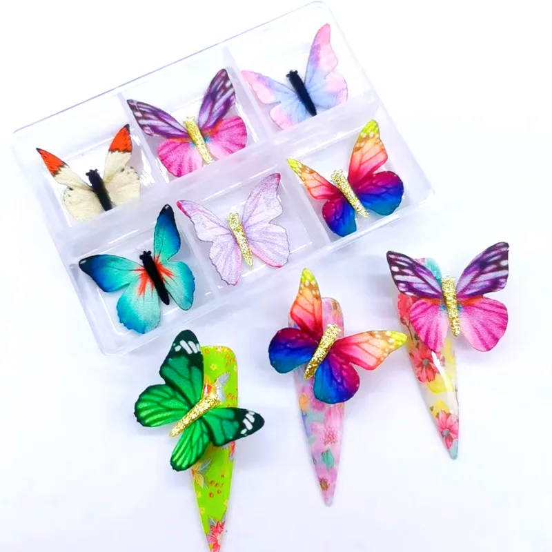 

6 Pcs Butterfly Nail Art Charms Magnetic Pom Manicure Decoration Glitter Silk Design Rhinestones Jewelry dcessories 3D Pompoms