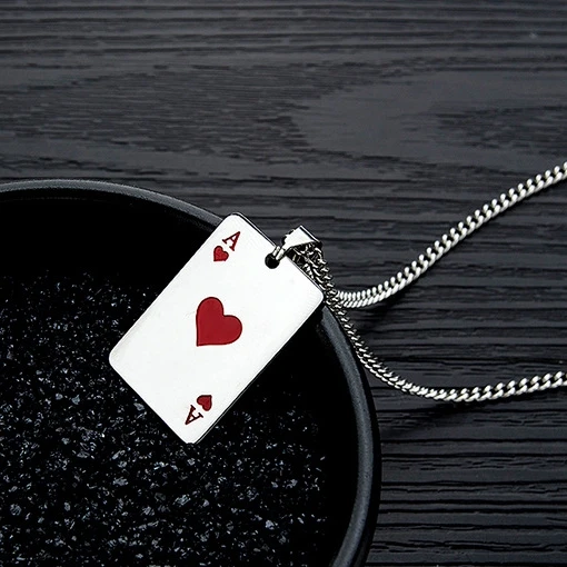 

Lucky Ace of Spades Stainless Steel Mens Necklace Silver Color Poker Pendant Necklaces for Women Casino Fortune Playing Cards, Steel color
