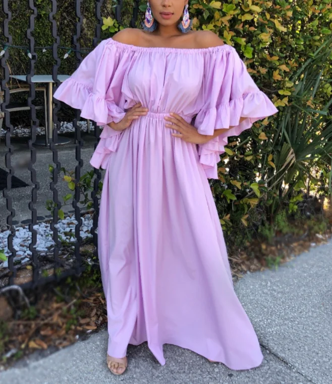 

Autumn Sweet Purple Off Shoulder Ruffle Long Girl Casual Bohemian Dresses, White black brown red