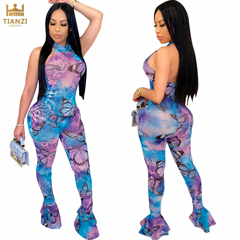 

T3126 - women trendy print halter bandage bodycon jumpsuit