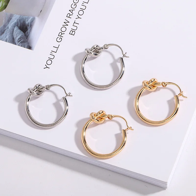 

Korean Jewelry Cute Round Geometry Shape Knot Hoop Female Gold Plated Huggie Earrings