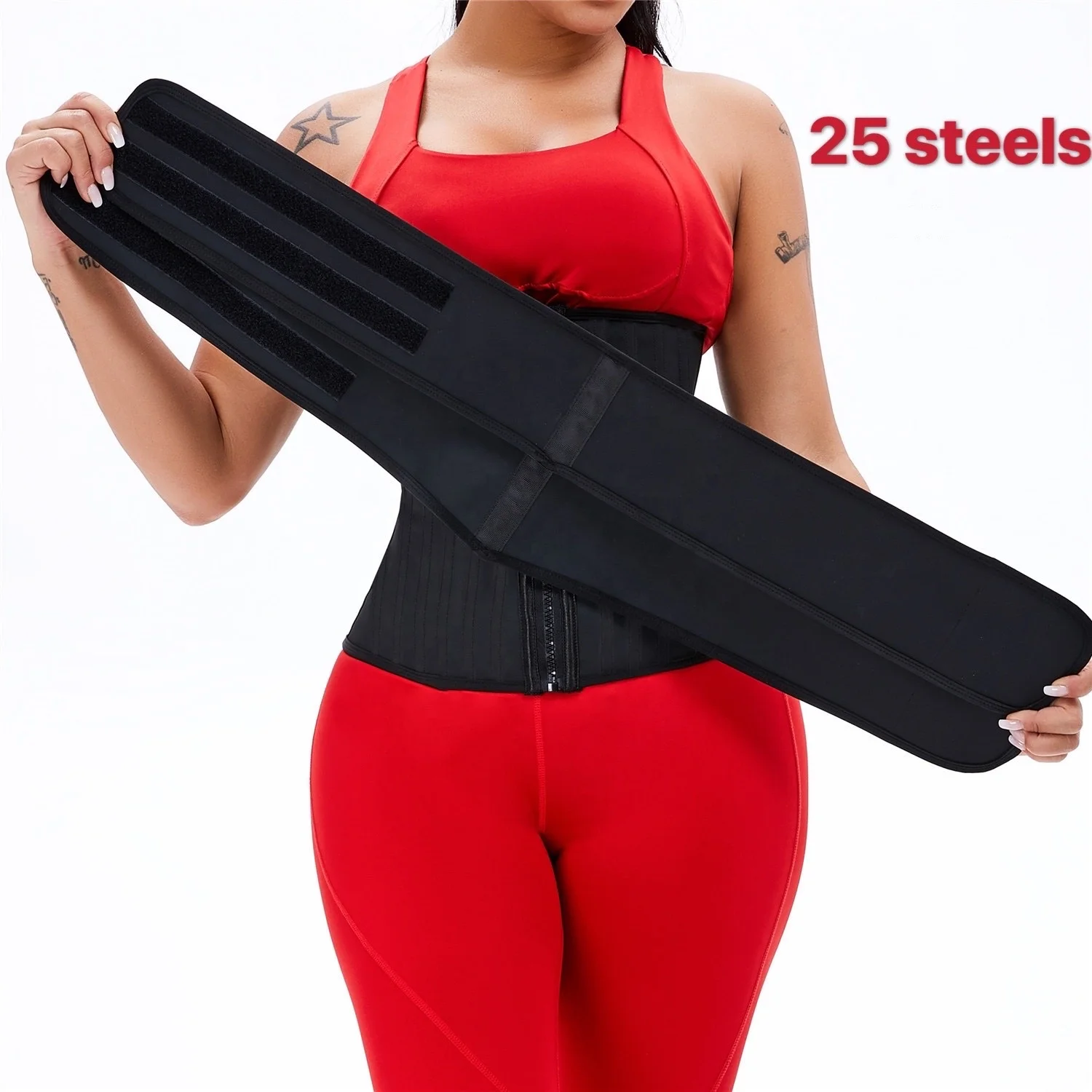 

Detachable Zipper Front 25 steel bones Double Belt Breathable Women Latex Waist Cincher Trainer, Black